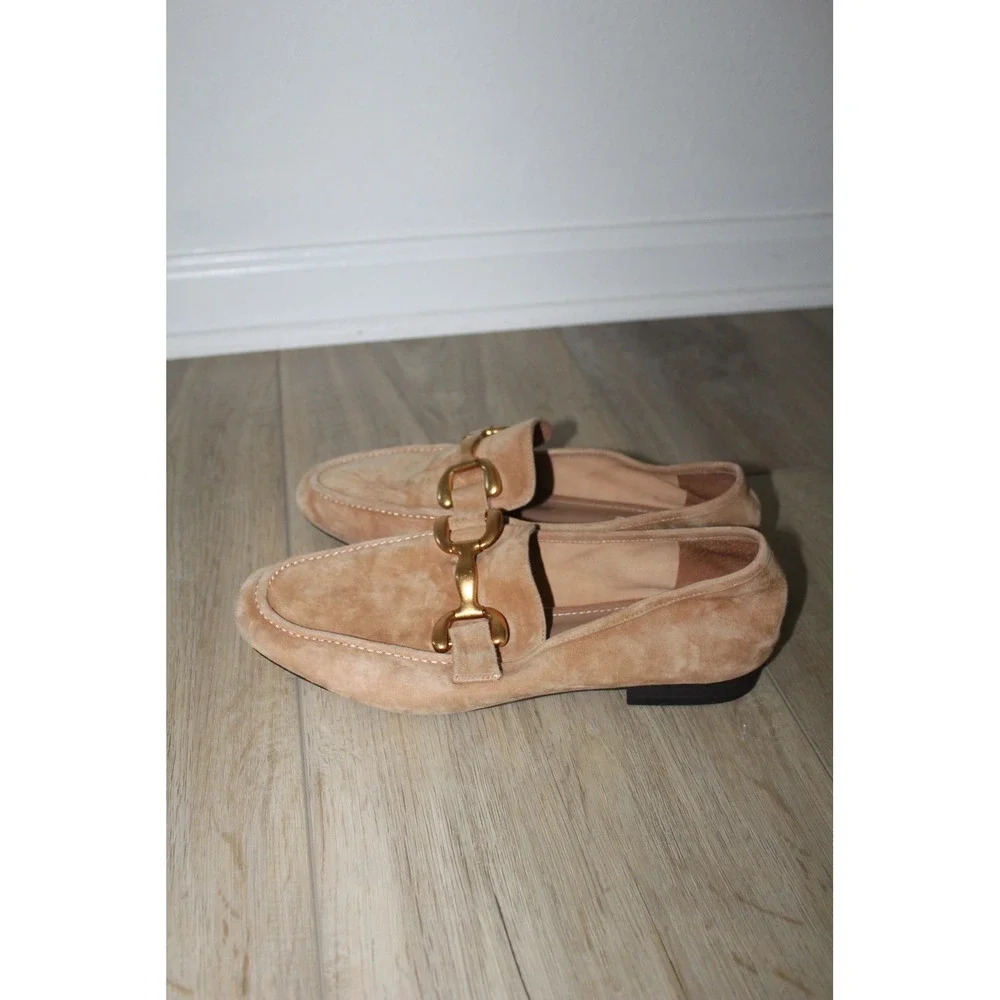 Bibi Lou Tan Soft Suede Horsebit Loafers Gold Hardware Size 39‎ Anthropologie